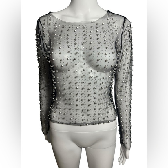 Tops - Elegant Sheer Pearl-Embellished Black Top S